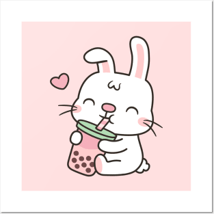 Cute Little White Bunny Enjoying Boba Tea Posters and Art